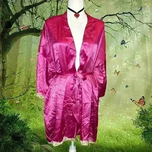 Victoria's Secret Other - Victoria’s Secret Hot Pink Satin Robe With Beige Lace